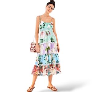 Farm Rio floral patchwork crochet midi dress with embellished straps W's M 